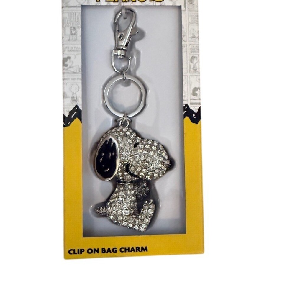 Peanuts Snoopy Bling Rhinestone Clip-On Bag Charm Keychain Silver